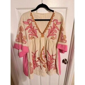 Sunday Up Pink & Cream Floral Embroidered Boho Tunic Top - Size Large